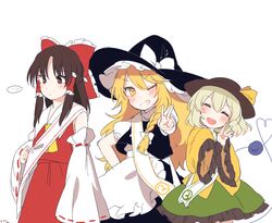  ... 3girls :d apron ascot black_dress blonde_hair blush bow braid brown_eyes brown_hair closed_eyes commentary_request detached_sleeves dress facing_viewer green_hair grin hair_bow hair_tubes hakurei_reimu hat heart heart_of_string highres kirisame_marisa komeiji_koishi long_hair long_sleeves looking_at_viewer multiple_girls one_eye_closed open_mouth red_bow red_skirt sash shan shirt short_hair short_sleeves single_braid skirt skirt_set sleeves_past_wrists smile spoken_ellipsis third_eye touhou v w waist_apron witch_hat yellow_eyes yellow_shirt 