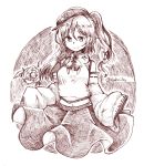  1girl bangs bow bowtie character_request closed_mouth detached_sleeves eyebrows_visible_through_hair hair_between_eyes hat long_hair monochrome one_side_up ribbon-trimmed_sleeves ribbon_trim skirt sleeves_past_fingers smile solo star touhou touhou_(pc-98) twitter_username wadante 