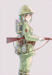  alternate_costume arisaka bolt_action boots bottle bow brown_background character_name eyebrows_visible_through_hair green_footwear green_hair green_helmet green_pants green_shirt gun hair_bow helmet imperial_japanese_navy kantai_collection long_sleeves longmei_er_de_tuzi looking_at_viewer looking_back military military_uniform pants ponytail rifle shirt simple_background smile uniform water_bottle weapon yellow_eyes yuubari_(kantai_collection) 