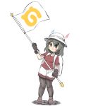  1girl backpack bag black_eyes black_gloves black_hair black_legwear blue_feathers blush breasts brown_footwear closed_mouth collarbone flag gloves hat_feather helmet holding holding_flag japari_symbol kaban_(kemono_friends) kemono_friends leaning_to_the_side pantyhose pith_helmet red_feathers red_footwear shoes short_shorts short_sleeves shorts small_breasts smile solo standing u-non_(annon&#039;an) white_background white_shorts 