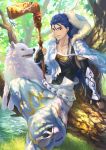  1boy black_gloves black_shirt blue_hair collarbone cu_chulainn_(fate/grand_order) earrings elbow_gloves fate/grand_order fate_(series) fingerless_gloves gloves highres hood jewelry lancer long_hair looking_at_viewer male_focus nature outdoors pixiv_fate/grand_order_contest_2 red_eyes robe shirt smile solo suikatabetaifrom toeless_legwear tree water white_wolf wolf 