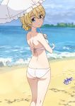  1girl artist_name ass back bangs beach bikini blonde_hair blue_eyes braid closed_mouth clouds cloudy_sky commentary_request cowboy_shot darjeeling dated day eyebrows_visible_through_hair from_behind girls_und_panzer holding holding_umbrella looking_at_viewer looking_back ocean outdoors parasol sakayaya short_hair signature sky smile solo standing swimsuit tied_hair twin_braids umbrella waves white_bikini white_umbrella 