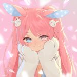  1girl animal_ears bangs blue_eyes bunny_hair_ornament closed_mouth commission hair_ornament hands_up heterochromia looking_at_viewer original paws pink_eyes pink_hair rabbit_ears runastark smile solo twintails upper_body 