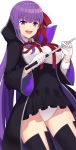  1girl bangs bb_(fate/extra_ccc) black_coat black_legwear black_skirt blush breasts coat eyebrows_visible_through_hair fate/extra fate/extra_ccc fate_(series) gloves hair_ribbon high-waist_skirt highres holding holding_wand large_breasts leotard long_hair looking_at_viewer open_clothes open_coat open_mouth purple_hair red_ribbon ribbon simple_background skirt smile solo sukebewe thighs very_long_hair violet_eyes wand white_background white_gloves white_leotard 