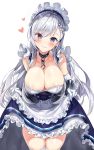  1girl apron azur_lane bangs bare_shoulders belfast_(azur_lane) black_dress blue_eyes blush breasts chains cleavage closed_mouth collar collarbone dress elbow_gloves eyebrows_visible_through_hair frilled_apron frills gloves hair_between_eyes heart highres large_breasts long_hair looking_at_viewer maid maid_headdress narae silver_hair simple_background skirt_hold sleeveless sleeveless_dress smile solo thigh-highs very_long_hair waist_apron white_apron white_background white_gloves white_legwear 
