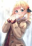  1girl :d bangs black_ribbon blonde_hair blue_eyes blurry blurry_background blush breath brown_coat coat collared_shirt commentary_request depth_of_field dress_shirt enuni eyebrows_visible_through_hair hair_bobbles hair_ornament hair_ribbon hairclip hands_up highres hood hood_down hooded_coat hoshino_sora_(n2) long_sleeves looking_at_viewer open_clothes open_coat original red_carpet ribbon shirt sleeves_past_wrists smile solo teeth twintails upper_body upper_teeth white_shirt 