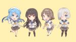  4girls asymmetrical_legwear black_hair black_legwear blue_eyes blue_hair brown_eyes brown_hair chibi crossed_arms double_bun elbow_gloves gloves hair_ornament hair_over_one_eye hair_ribbon hairband hairclip hamakaze_(kantai_collection) hat highres isokaze_(kantai_collection) kantai_collection kneehighs long_hair long_sleeves multiple_girls neckerchief pantyhose pleated_skirt red_eyes ribbon sailor_hat school_uniform senbei_(senbe_i) serafuku short_hair short_sleeves silver_hair simple_background single_kneehigh single_thighhigh skirt sleeves_rolled_up socks tanikaze_(kantai_collection) thigh-highs tress_ribbon urakaze_(kantai_collection) white_gloves white_hairband white_hat white_legwear yellow_background yellow_neckwear 