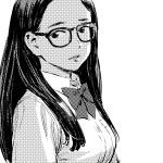  1girl bangs bow bowtie collared_shirt commentary_request from_side glasses greyscale halftone highres long_hair looking_at_viewer looking_to_the_side monochrome nazoani_museum original parted_bangs parted_lips school_uniform shirt simple_background solo upper_body white_background wing_collar 