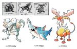  capsule_monsters character_name claedalus claws commentary creature crocky crocodile crocodilian deer_(pokemon) english_commentary fangs highres jug_(pokemon) no_humans number pokemon pokemon_(creature) pokemon_number pokemon_rgby_beta shark sharp_teeth simple_background spikes standing teeth white_background 