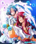  1boy 1girl bare_shoulders barefoot blue_hair breasts bridal_gauntlets cleavage collarbone commentary_request dress elbow_gloves filia_(star_ocean) floating forehead_jewel gabriel_(star_ocean) gabriel_(star_ocean_2) gloves highres jewelry long_hair medium_breasts necklace pointy_ears short_hair star_ocean star_ocean_the_second_story white_wings wings 