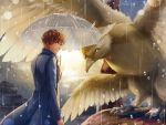  1boy back brown_hair coat fantastic_beasts_and_where_to_find_them feathered_wings feathers freckles green_eyes male_focus newt_scamander rain save_(naita_aooni) solo thunderbird_(fantastic_beast) umbrella wand wings 