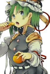  1girl bangs blue_eyes commentary_request eyebrows_visible_through_hair food fruit green_hair hand_up happy_new_year hat holding holding_fruit long_sleeves mandarin_orange new_year open_mouth shiki_eiki short_hair simple_background solo touhou upper_body wadante white_background 