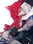  1girl animal_hood black_gloves blonde_hair capelet cierra_(ra-bit) commentary_request dress fingerless_gloves from_side gloves grey_eyes hood hood_up hug original parted_lips red_capelet simple_background smile solo_focus straddling white_background white_dress 