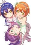  3girls bangs blue_hair blush choker commentary_request dress from_above gloves goe_(g-o-e) green_eyes hair_between_eyes hair_ribbon highres hoshizora_rin lily_white_(love_live!) long_hair looking_at_viewer love_live! love_live!_school_idol_project low_twintails multiple_girls open_mouth orange_hair purple_hair ribbon scrunchie shiranai_love_oshiete_love short_hair simple_background smile sonoda_umi toujou_nozomi twintails white_background yellow_eyes 