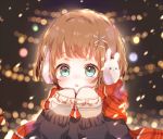  1girl :o b_rock brown_hair commentary_request green_eyes hair_ornament hairclip hands_up light_particles long_sleeves looking_at_viewer mittens original red_scarf scarf short_hair solo x_hair_ornament 