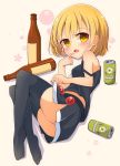  1girl absurdres alcohol bare_arms bare_shoulders black_legwear black_skirt black_tank_top blonde_hair blush body_blush bottle breasts brooch bubble_background can drunk ear eyebrows_visible_through_hair eyelashes eyes_visible_through_hair fetal_position finger_to_mouth floral_background from_side full_body highres inon jewelry legs_together looking_at_viewer lunasa_prismriver lying medium_breasts microskirt midriff_peek no_shoes on_side open_mouth pink_background plantar_flexion pleated_skirt shadow short_hair side_slit skirt skirt_hold solo strap_slip thigh-highs tongue touhou upper_teeth yellow_eyes zettai_ryouiki 