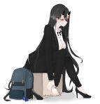  1girl alternate_costume backpack bag battleship_hime black_hair black_nails breasts commentary_request formal hi_ye high_heels horns kantai_collection large_breasts long_hair nail_polish office_lady pale_skin red_eyes shinkaisei-kan shoe_removed shoes single_shoe sitting solo suit very_long_hair white_background white_skin 