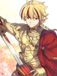  1boy ahoge armor avalon_(fate/stay_night) blonde_hair braid cape closed_mouth excalibur eyebrows_visible_through_hair fate/strange_fake fate_(series) gold_armor holding holding_sheath holding_sword holding_weapon knight looking_at_viewer male_focus multicolored_hair nikame red_cape red_eyes redhead saber_(fate/strange_fake) sheath signature single_braid smile solo sword weapon 