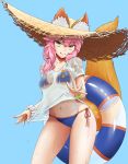  1girl animal_ears bikini blue_background blue_bikini blush cowboy_shot fate/grand_order fate_(series) fox_ears fox_print fox_tail hat innertube long_hair looking_at_viewer pink_hair see-through shirt_pull simple_background smile solo standing straw_hat swimsuit swimsuit_under_clothes tail tamamo_(fate)_(all) tamamo_no_mae_(fate) thighs todoroki_convoy wet yellow_eyes 