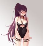  1girl absurdres black_swimsuit blush breasts cleavage clenched_hands embarrassed girls_frontline high_ponytail highres hpb8642 long_hair looking_away one-piece_swimsuit purple_hair sidelocks solo swimsuit very_long_hair violet_eyes wa2000_(girls_frontline) wavy_mouth 