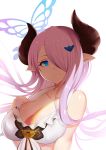  1girl bikini blue_eyes breasts granblue_fantasy hair_ornament hair_over_one_eye hand_on_own_chest highres horns large_breasts lavender_hair long_hair looking_at_viewer narmaya_(granblue_fantasy) pointy_ears shito_zhizhen smile solo swimsuit upper_body very_long_hair white_bikini 