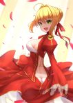  1girl :d ahoge blonde_hair breasts butt_crack cleavage epaulettes eyebrows_visible_through_hair fate/extra fate_(series) green_eyes hair_ribbon highres jirofly long_sleeves looking_at_viewer medium_breasts nero_claudius_(fate) nero_claudius_(fate)_(all) open_mouth petals pixiv_fate/grand_order_contest_2 red_ribbon ribbon short_hair sideboob smile solo 