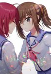  2girls angel_beats! brown_eyes brown_hair closed_eyes commentary_request cover cover_page doujin_cover hisako_(angel_beats!) iwasawa long_hair multiple_girls nakamura_hinato ponytail redhead school_uniform serafuku short_hair simple_background sleeves_rolled_up white_background 