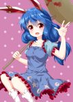  1girl :d ambiguous_red_liquid animal_ears arm_up bangs blue_dress blue_hair breasts carrying_over_shoulder collarbone crescent_moon_symbol crescent_print dress ear_clip eyebrows_visible_through_hair feet_out_of_frame folded_leg frilled_legwear frilled_skirt frills hair_between_eyes highres kine kneehighs long_hair looking_at_viewer low-tied_long_hair open_mouth polka_dot polka_dot_background puffy_short_sleeves puffy_sleeves purple_background rabbit_ears red_eyes ruu_(tksymkw) seiran_(touhou) shiny shiny_hair short_sleeves skirt small_breasts smile solo star star_print touhou w white_legwear 