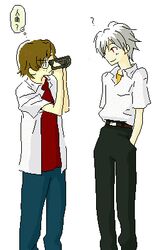  aida_kensuke brown_hair camcorder camera freckles gen glasses lowres multiple_boys nagisa_kaworu neon_genesis_evangelion oekaki red_eyes silver_hair translation_request 