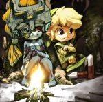  crossover fang fire fireplace frown grey_skin hat helmet imp imp_midna koki_(pixiv) link long_hair midna nintendo orange_hair pants pointy_ears red_eyes smile the_legend_of_zelda toon_link trousers twilight_princess wii_version 