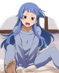  barefoot blue_hair blunt_bangs feet kannagi long_hair nagi pajamas sweatpants sweatshirt youkan 