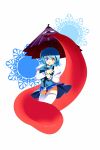  bad_id blue_eyes blue_hair heterochromia highres karakasa karakasa_obake mushi_q oriental_umbrella red_eyes short_hair tatara_kogasa thigh-highs thighhighs tongue touhou umbrella 