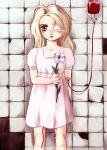  bandage bleeding blonde_hair blood blue_eyes child dress eyepatch flower intravenous_drip iv lily lily_(flower) loli long_hair messiah(artist) messiah_cage mystic_cage standing tile 