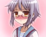  blush brown_eyes glasses lacosoregashi nagato_yuki school_uniform serafuku short_hair suzumiya_haruhi_no_yuuutsu 