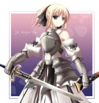  armored_dress blonde_hair caliburn dress fate/stay_night fate/unlimited_codes fate_(series) faulds green_eyes ribbon saber saber_lily solo sword type-moon weapon yukifuri 