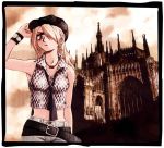  belt blonde_hair blue_eyes bracelet breasts button cabbie_hat checkerboard checkered church cleavage cloud clouds cuff earrings evening frame gothic gothic_architecture hair_over_one_eye hat jeans jewelry long_hair messiah(artist) messiah_cage midriff mystic_cage necklace necktie photo photo_(object) photo_background sky standing wristband 