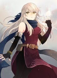  1girl bangle bangs bare_shoulders belt black_gloves black_leggings blue_scarf bracelet cowboy_shot dress elbow_gloves fingerless_gloves fire_emblem fire_emblem:_radiant_dawn gloves grey_background grey_hair hair_ribbon half_updo highres jewelry leaf_(esabacoo) leggings long_hair micaiah_(fire_emblem) ribbon scarf side_slit sleeveless sleeveless_dress solo twitter_username yellow_eyes 