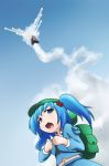  bag blue_eyes blue_hair hair_bobbles hair_ornament hat kawashiro_nitori kusaba midriff missile navel touhou twintails 