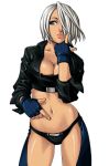  angel_(kof) blue_eyes breasts chaps cleavage fingerless_gloves gloves hair_over_one_eye king_of_fighters king_of_fighters_neowave leather_jacket lips midriff nakano_tomokazu navel official_art open_clothes open_shirt shirt short_hair snk white_hair 