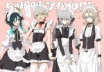  4boys :d ? albedo_(genshin_impact) alternate_costume androgynous apron aqua_eyes aqua_hair back_bow bandaid bandaid_on_face bandaid_on_nose bangs bare_shoulders bennett_(genshin_impact) black_bow black_bowtie black_corset black_dress black_hair black_vest blush bow bowtie braid closed_mouth collarbone collared_dress commentary_request corset cowboy_shot cross-laced_clothes crossdressing detached_collar dress embarrassed enmaided expressionless eyelashes flower frilled_apron frilled_dress frilled_sleeves frills genshin_impact gloves gradient_hair green_eyes green_hair grey_hair hair_between_eyes hair_bow hair_flower hair_ornament hand_up highres juliet_sleeves light_brown_hair long_hair long_sleeves looking_at_another looking_to_the_side maid maid_apron maid_headdress male_focus medium_hair multicolored_hair multiple_boys open_mouth otoko_no_ko parted_bangs pink_background puffy_short_sleeves puffy_sleeves razor_(genshin_impact) red_eyes short_hair short_hair_with_long_locks short_sleeves side_braids sidelocks simple_background sleeveless sleeveless_dress smile speech_bubble standing sweatdrop tamaon teeth thigh-highs translation_request twin_braids twintails two-tone_dress upper_teeth venti_(genshin_impact) very_long_hair vest vision_(genshin_impact) waist_apron white_apron white_bow white_dress white_flower white_gloves white_headwear white_thighhighs wing_collar wrist_cuffs 