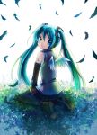  bad_id blue_eyes detached_sleeves feathers hatsune_miku highres kisuzu long_hair looking_back skirt thigh-highs thighhighs twintails vocaloid wings 