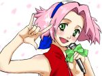  \m/ haruno_sakura headband helcy macross macross_frontier microphone naruto parody pink_hair ranka_lee seikan_hikou short_hair 