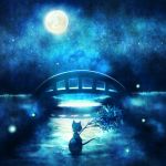  boat branch bridge fish grass moon night original star sui_(petit_comet) tail water 