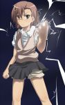  angry bad_id bangs biribiri brown_eyes brown_hair delf electricity frown misaka_mikoto school school_uniform schoolgirl short_hair shorts skirt sweater_vest to_aru_kagaku_no_railgun to_aru_majutsu_no_index vest 