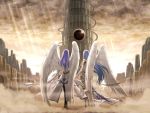  angel angel_wings black_pearl blue_hair bow brown_background canyon falcom feena feena_(ys) freya freya_(ys) goddess long_hair multiple_girls official_art orb purple_hair reah ring_blade scenery siblings sisters sunrise sunset tower very_long_hair wings ys ys_origin 