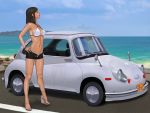  armpits bare_shoulders beach bikini blush brown_hair car high_heels legs long_hair motor_vehicle ocean original panties reflection shiny shiny_skin shoes short_shorts shorts subaru_(brand) swimsuit tan tanline thong underwear unzipped vehicle yoshino_momiji yosino 