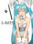  animal_ears aqua_hair bare_shoulders breasts bunny_ears bunnysuit cleavage closed_eyes embarrassed eraser fishnet_pantyhose fishnets hatsune_miku headset long_hair maguta maguta_(c-arts) microphone open_mouth pantyhose pencil rabbit_ears solo tombow_mono twintails v_arms very_long_hair vocaloid wing_collar wooden_pencil wrist_cuffs 