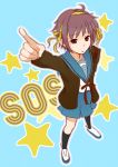  bad_id cardigan cosplay nagato_yuki pointing ribbon ribbons school_uniform short_hair solo suzumiya_haruhi suzumiya_haruhi_(cosplay) suzumiya_haruhi_no_yuuutsu 
