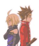  back-to-back blonde_hair brown_eyes brown_hair detached_sleeves emil_castagnier lloyd_irving male multiple_boys red_eyes scarf sword tales_of_(series) tales_of_symphonia tales_of_symphonia_knight_of_ratatosk weapon white_background 