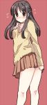  bad_id blush brown_eyes brown_hair covering covering_ass itsuka legs long_hair looking_back simple_background skirt sweater 